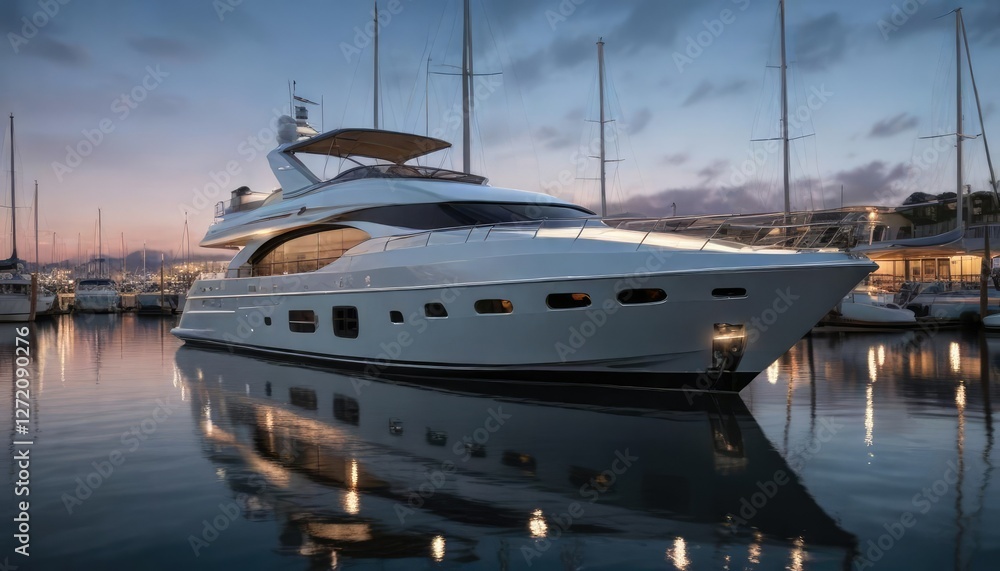 Fototapeta premium Elegant yacht moored in the marina with soft overhead lighting, elegant, peaceful, elegance