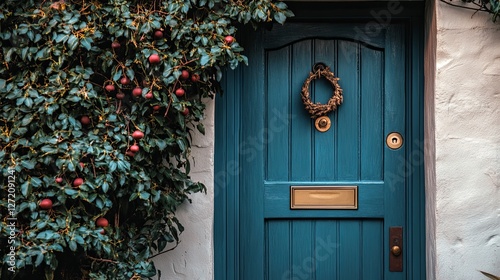 Blue wooden door with wreath and red berries on ivy-covered wall