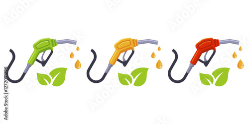 collection of colorful gasoline gun for cars. petrol filling station