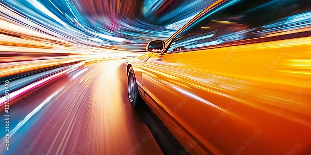 Obraz premium Dynamic yellow car racing through vibrant city lights at high speed