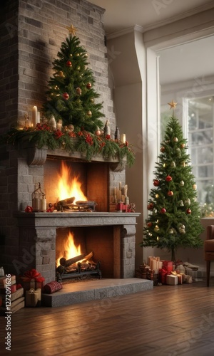 Fireplace with a Christmas tree in front of it, holiday decoration, festive atmosphere