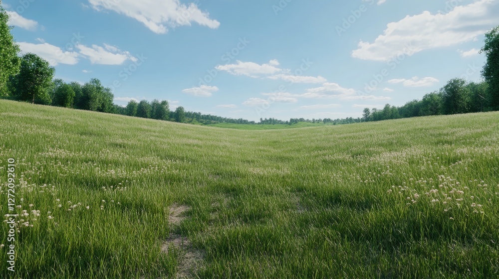 Rows of healthy green potatoes thrive on rich black soil under a clear blue sky and fluffy clouds, with an abandoned village behind Rows of healthy green potatoes thrive on rich black soil under a clear blue sky and fluffy clouds, with an abandoned village behind