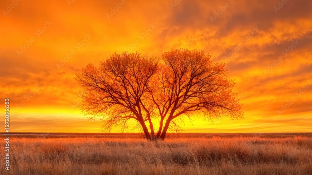 Fiery sunrise over prairie, lone tree silhouette Fiery sunrise over prairie, lone tree silhouette