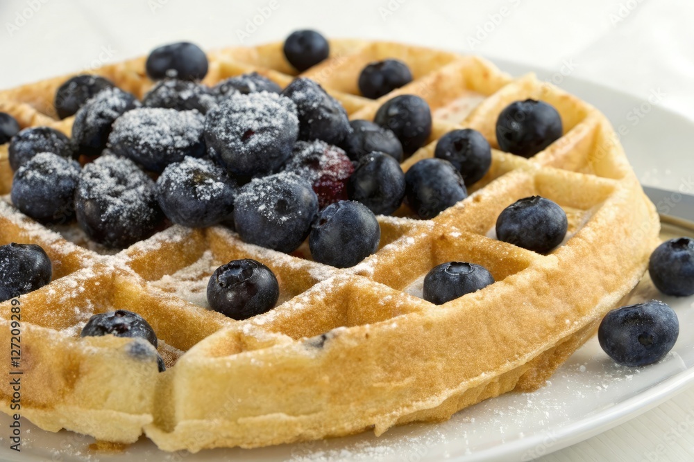 Freshly Baked Waffle with Blueberry Topping, blueberries, sweet and savory, food on a plate, topping Freshly Baked Waffle with Blueberry Topping, blueberries, sweet and savory, food on a plate, topping