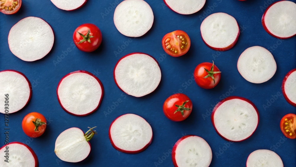 Fresh radish slices and cherry tomatoes arranged in a pattern against a deep blue background, pattern, healthy, blue, slice, arrangement Fresh radish slices and cherry tomatoes arranged in a pattern against a deep blue background, pattern, healthy, blue, slice, arrangement