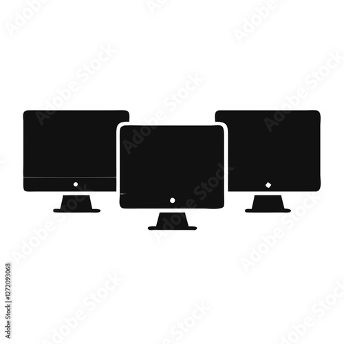 Vector art of three black computer monitors isolated on white background, representing technology, work, and digital communication in a simple design