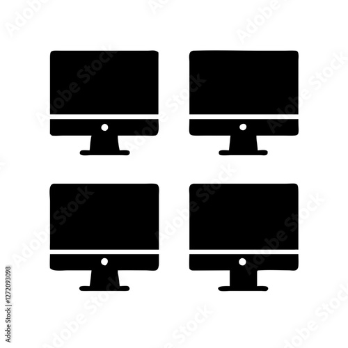 Vector art of four black computer monitors isolated on white background, representing technology, work, and digital communication in a simple design