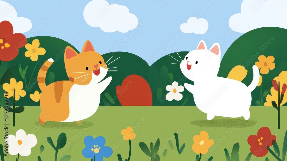 Two cartoon kittens frolic cheerfully in a colorful garden, chasing each other with innocent joy, set against a backdrop of vibrant flowers and greenery. Two cartoon kittens frolic cheerfully in a colorful garden, chasing each other with innocent joy, set against a backdrop of vibrant flowers and greenery.