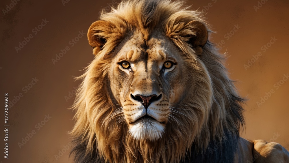 Fototapeta premium Majestic lion resting against a warm backdrop in an African landscape during golden hour