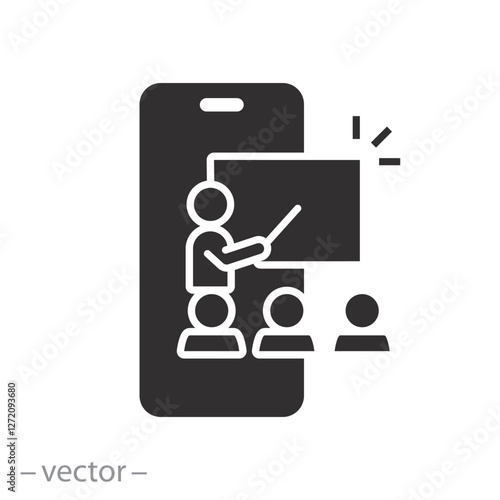 training course from smartphone, e-learning icon, distance workshop, online education, flat vector illustration