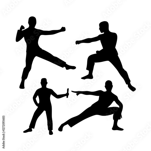 Vector art of silhouette of man in various martial art poses isolated on white background
