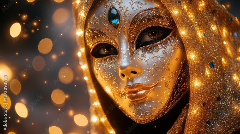 Golden Venetian Mask, Festive Bokeh Background Golden Venetian Mask, Festive Bokeh Background