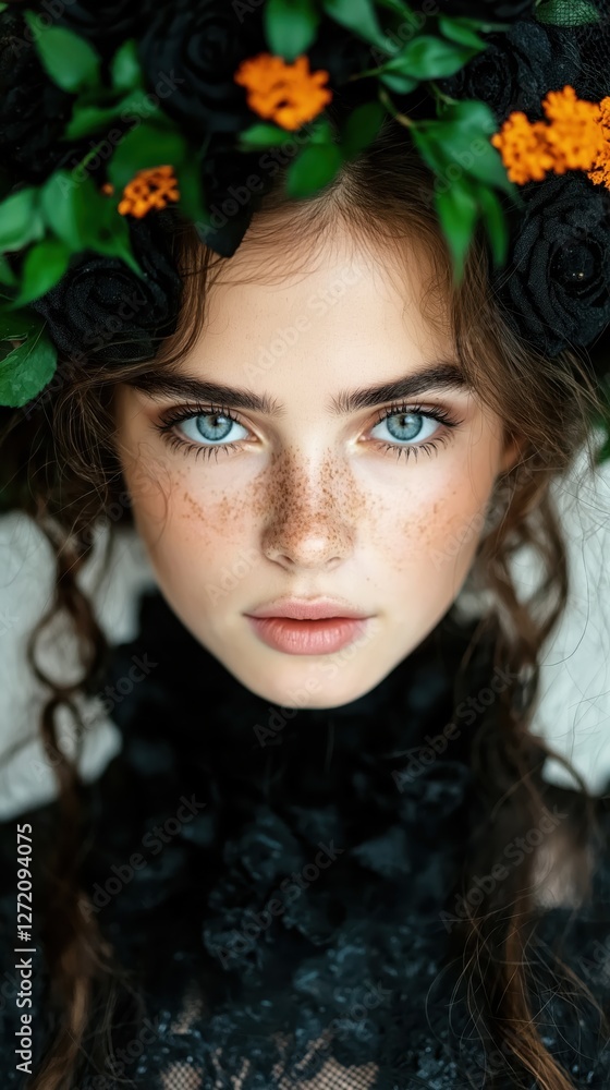 Stunning portrait of a woman with striking blue eyes and floral headpiece, showcasing natural beauty and elegance Stunning portrait of a woman with striking blue eyes and floral headpiece, showcasing natural beauty and elegance
