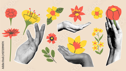 Green business collage, ESG elements with halftone hands. Sustainable energy concepts featuring solar panels, Earth, and eco-friendly elements