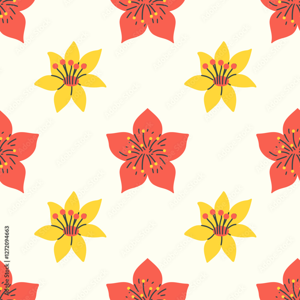 Obraz premium Seamless floral pattern with stylized red and yellow flowers with simple, bold lines on a light background