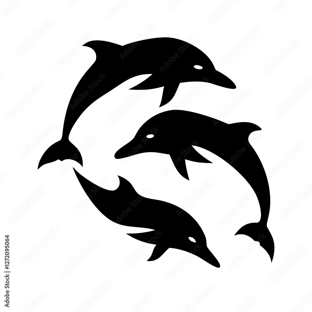 Fototapeta premium Vector art of three dolphins jumping in a circle, isolated on white background, a playful scene of marine life in a minimalist design