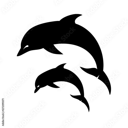 Vector art of two dolphins jumping, isolated on white background, a playful scene of marine life in a minimalist design, mother and child