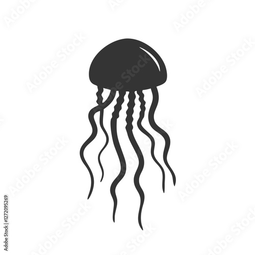 Vector art of elegant jellyfish silhouette with flowing tentacles isolated on white background, a captivating marine creature in a minimalist design