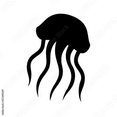 Vector art of elegant jellyfish silhouette isolated on white background, showcasing its graceful form and delicate tentacles in a minimalist design