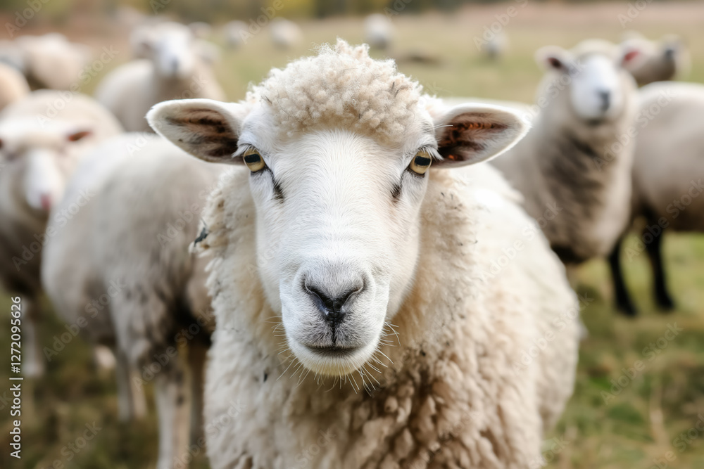 Close-up of a curious sheep in a flock on a green pasture Close-up of a curious sheep in a flock on a green pasture