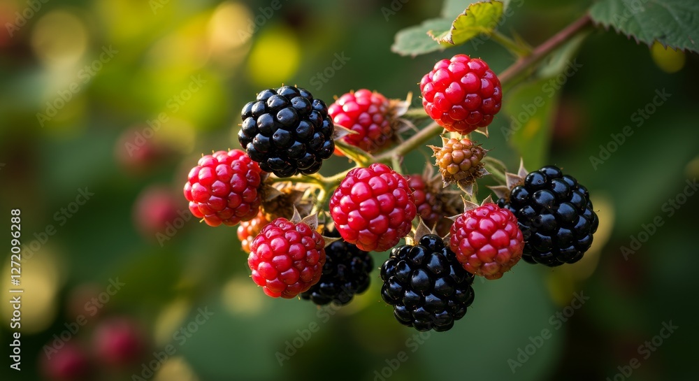 Ripe Black and Red Blackberries on Branch - Juicy black and red blackberries cluster on a branch, symbolizing abundance, sweetness, nature's bounty, summer harvest, and healthy eating Ripe Black and Red Blackberries on Branch - Juicy black and red blackberries cluster on a branch, symbolizing abundance, sweetness, nature's bounty, summer harvest, and healthy eating