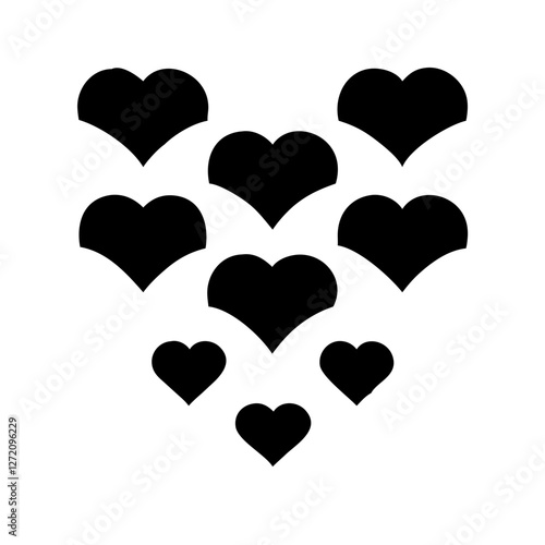 Vector art of a collection of heart shapes arranged in a descending pattern, isolated on white background, symbolizing love, romance, and affection