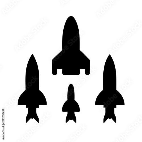 Vector art of four rockets of varying sizes are poised for liftoff isolated on white background, representing ambition, technological progress, and the pursuit of dreams