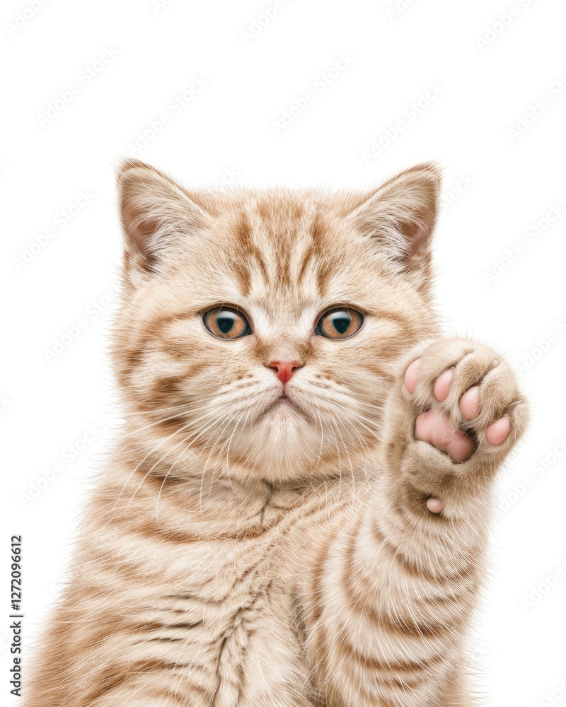Obraz premium A cute, fluffy cat with a striped coat raises its paw, looking directly at the viewer with curious, expressive eyes.