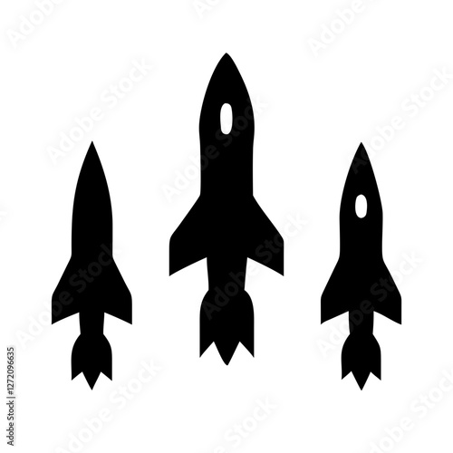 Vector art of three rockets poised for liftoff, symbolizing ambition, innovation, and the pursuit of new frontiers isolated on white background