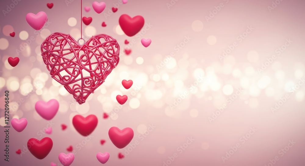 Romantic Hearts Design - Intricate red heart ornament hangs with smaller hearts floating on a soft pink bokeh background. Perfect for Valentine's Day or romantic occasions Romantic Hearts Design - Intricate red heart ornament hangs with smaller hearts floating on a soft pink bokeh background. Perfect for Valentine's Day or romantic occasions