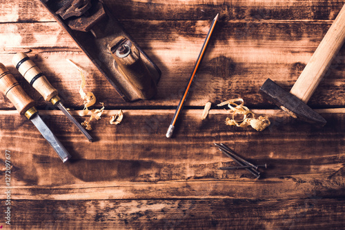 Carpenter cabinet maker hand tools on the workbench.