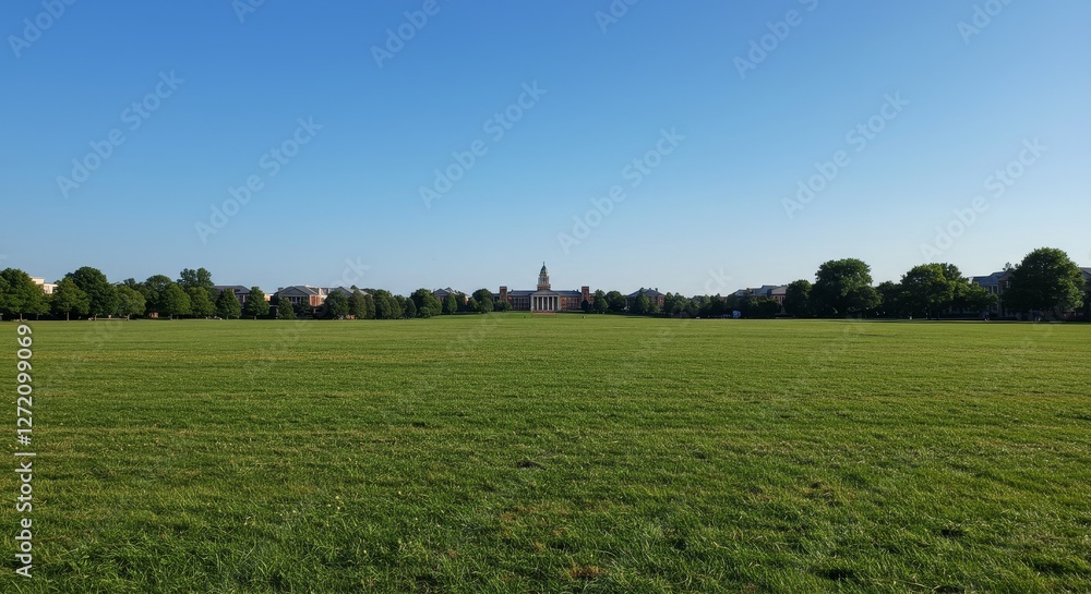 Serene Landscape: University Park on a Sunny Day - Vast green field, clear blue sky, distant university buildings, tranquil scene, peaceful landscape. Symbolizing serenity, education, openness Serene Landscape: University Park on a Sunny Day - Vast green field, clear blue sky, distant university buildings, tranquil scene, peaceful landscape. Symbolizing serenity, education, openness