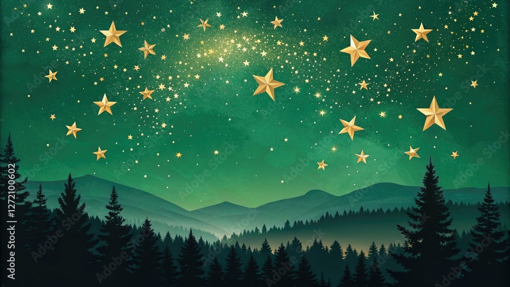 Fototapeta premium Cosmic night sky with golden star clusters and shimmering bokeh stars against a deep green background, space ambiance, celestial wonder, heavenly glow, astronomical landscape, starry night