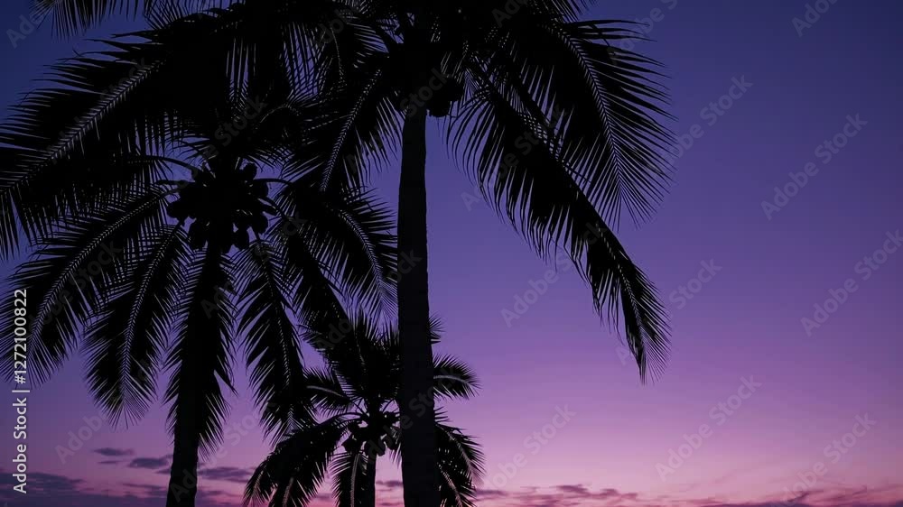 Silhouette of palm trees at sunset, tranquil tropical scene. Nature and relaxation concept Silhouette of palm trees at sunset, tranquil tropical scene. Nature and relaxation concept