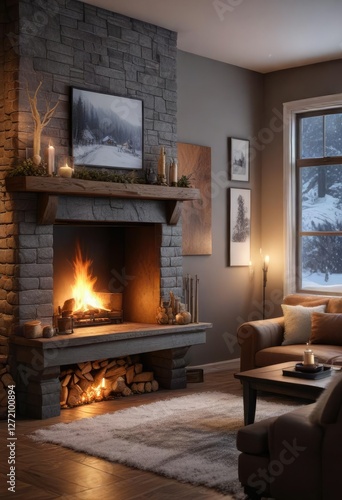 Cozy living room with a crackling fireplace on a snowy winter night, fire, fireplace, warm glow