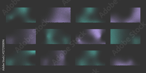 Set of blue and pink minimalistic retro shapes. Backgrounds with grain halftone monochrome gradient. Square bitmap elements.