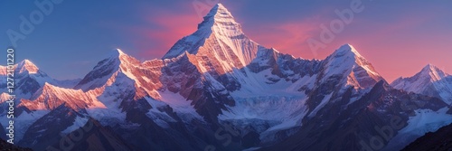 Majestic Mountain Top Peak Basked in a Pink Glow of a Sunrise Panoramic Landscape  photo