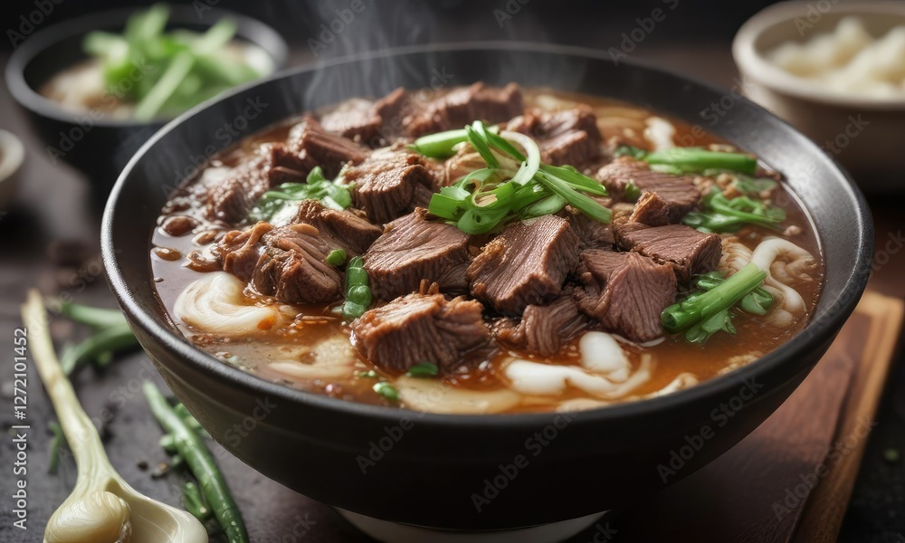 Crisp green onions and fried shallots garnish on top of a steaming hot bowl of rawon beef soup, fried shallots, fresh flavors, crispy Crisp green onions and fried shallots garnish on top of a steaming hot bowl of rawon beef soup, fried shallots, fresh flavors, crispy