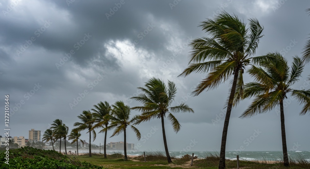 Stormy Beachfront Palm Trees - Palm trees bending in the wind on a beach during a stormy day, dark clouds overhead Stormy Beachfront Palm Trees - Palm trees bending in the wind on a beach during a stormy day, dark clouds overhead