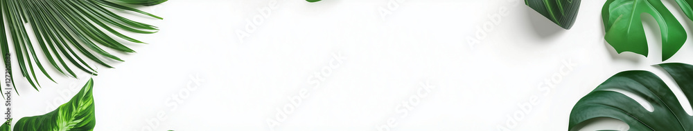 Minimalist Tropical Leaf Border with Green Foliage on White Minimalist Tropical Leaf Border with Green Foliage on White