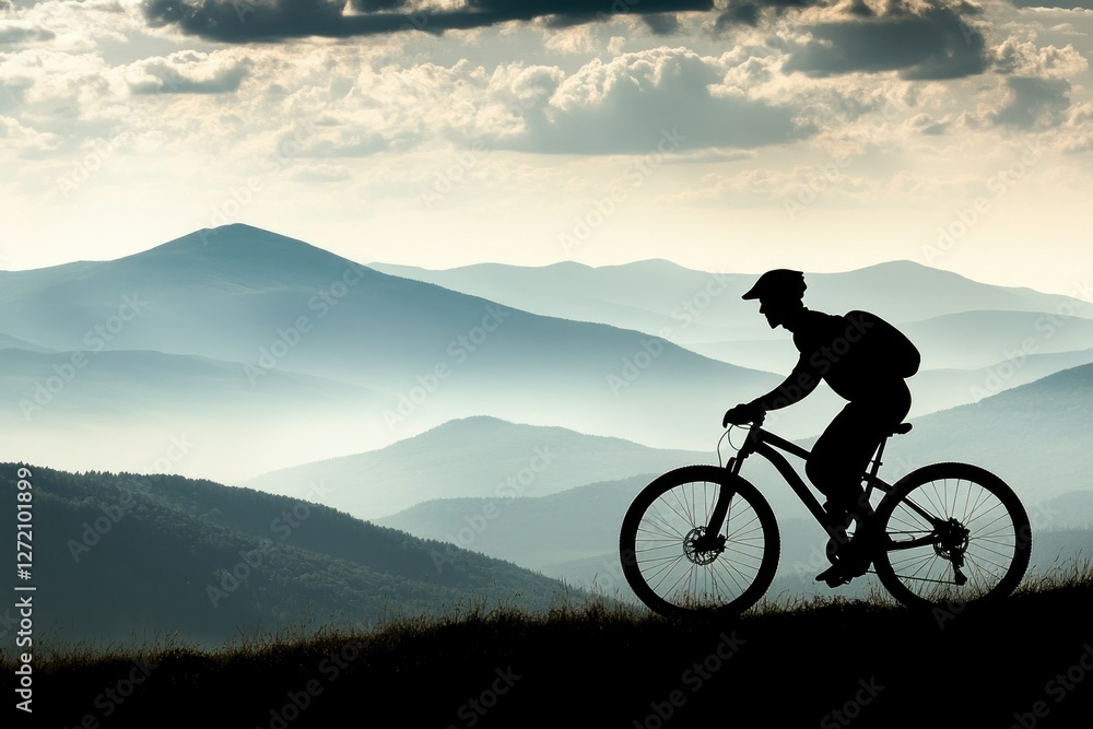 Fototapeta premium Silhouette of Cyclist Riding Mountain Bike Against Scenic Landscape
