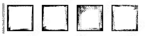 Black frames with worn paper effect on white background. Textured squares with old, grunge, grainy, vintage, worn, dust effect. Simple object mockup. Realistic vector illustrations set.