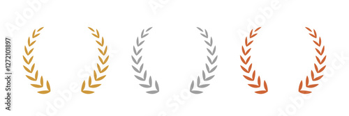 Gold, silver, bronze laurel wreaths. Winner medal award set vector illustration. Victory symbol, triumph emblem, champion prize isolated on transparent background.