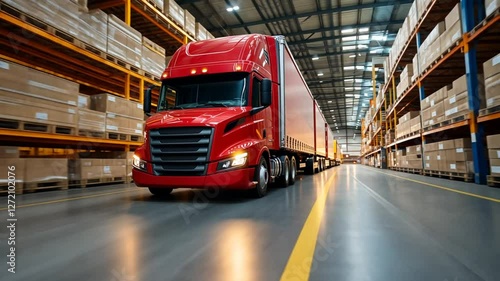 A bright red truck maneuvers past towering shelves stocked with boxes in a busy warehouse. The overhead lights illuminate the organized space, highlighting the efficiency of the setting