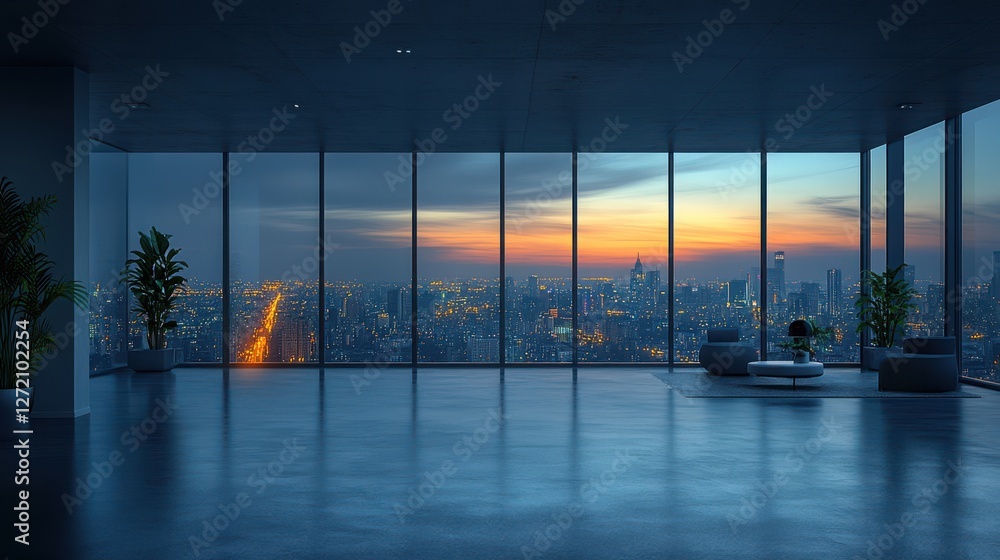 Fototapeta premium Modern Interior with Panoramic City View at Dusk and Twilight