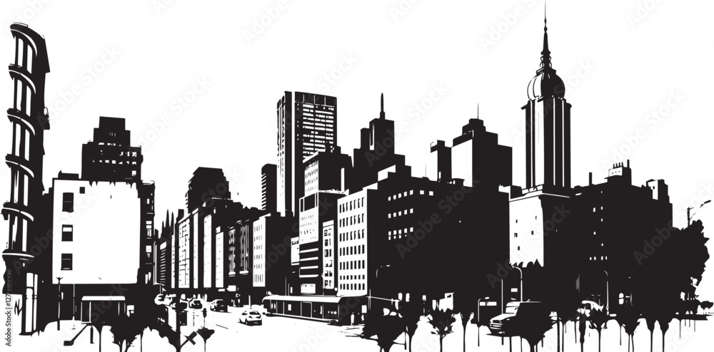 Obraz premium City landscape. Different buildings on street, outline cityscape hand sketch, flat houses. Hand drawn vector illustration