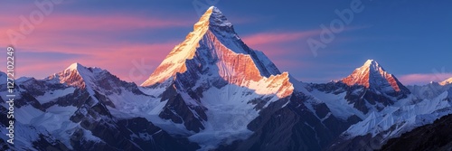 Majestic Mountain Top Peak Basked in a Pink Glow of a Sunrise Panoramic Landscape  photo