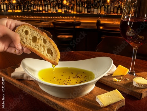 Crusty bread being dipped in olive oil, alongside cheese and red wine, a classic and delicious Mediterranean appetizer, perfect for sharing in a warm and inviting setting
