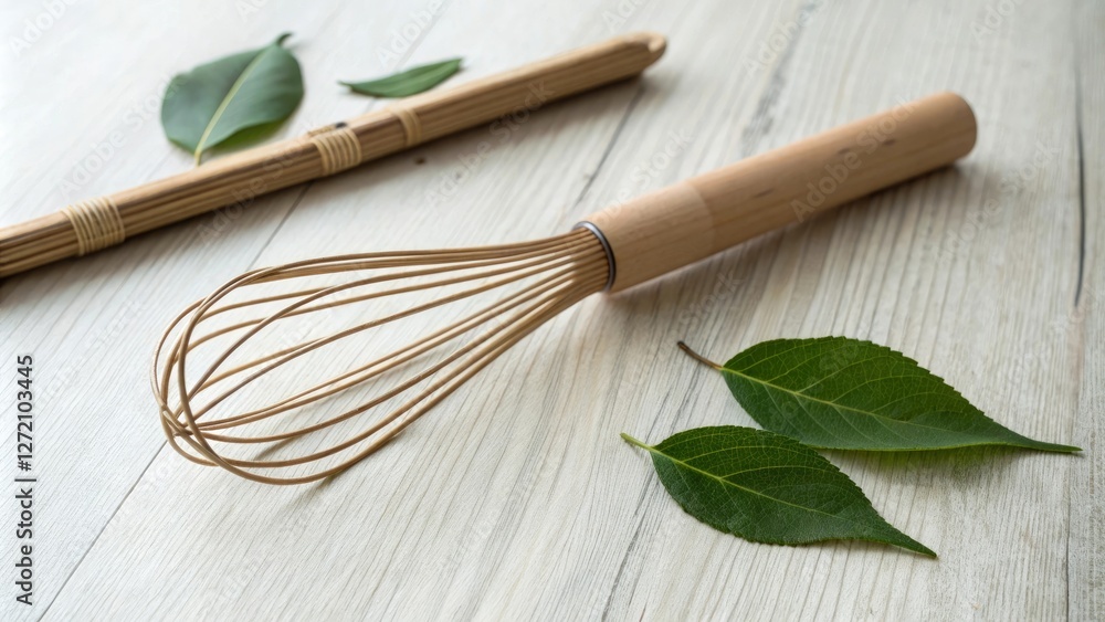 Delicate wooden whisk lying next to a flat, green leaf on a minimalist wooden table, simplicity, wooden whisk, organic, matcha powder, interior design Delicate wooden whisk lying next to a flat, green leaf on a minimalist wooden table, simplicity, wooden whisk, organic, matcha powder, interior design