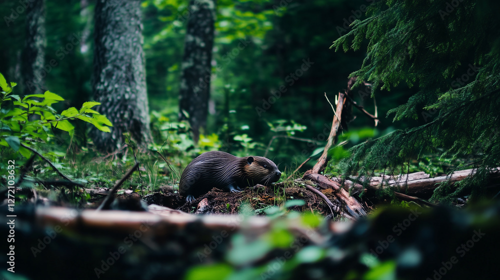 Beaver resting peacefully on a moss-covered log in a lush, green forest